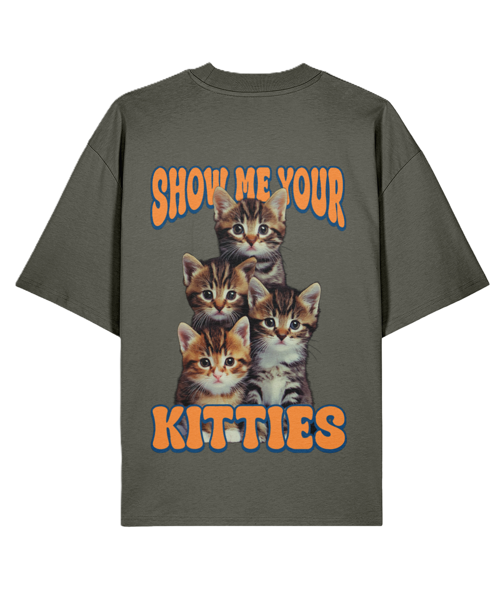 Khaki t-shirt with kittens graphic and text 'Show me your kitties' 