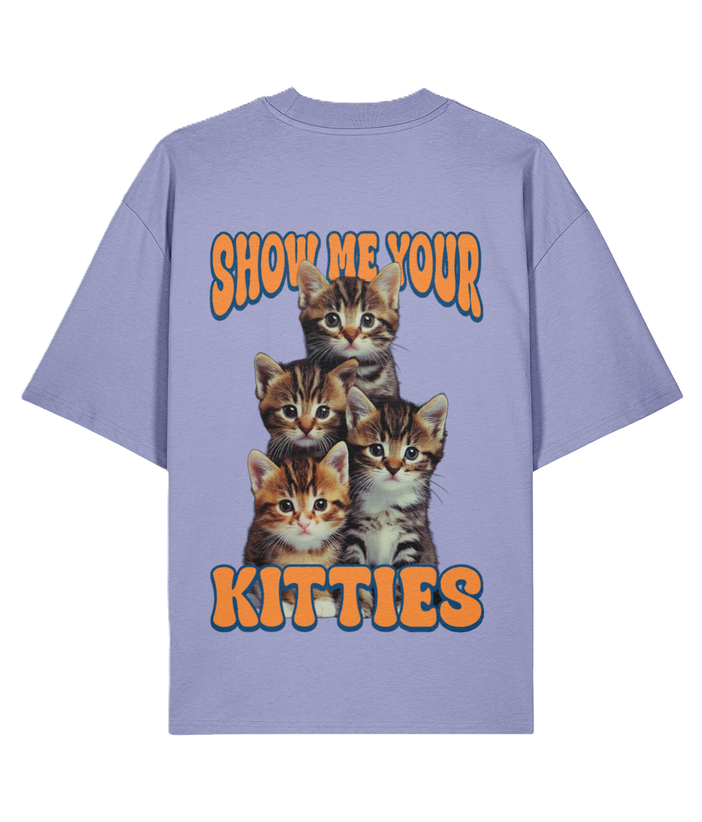 Purple t-shirt with kittens and text 'Show me your kitties' on a white background
