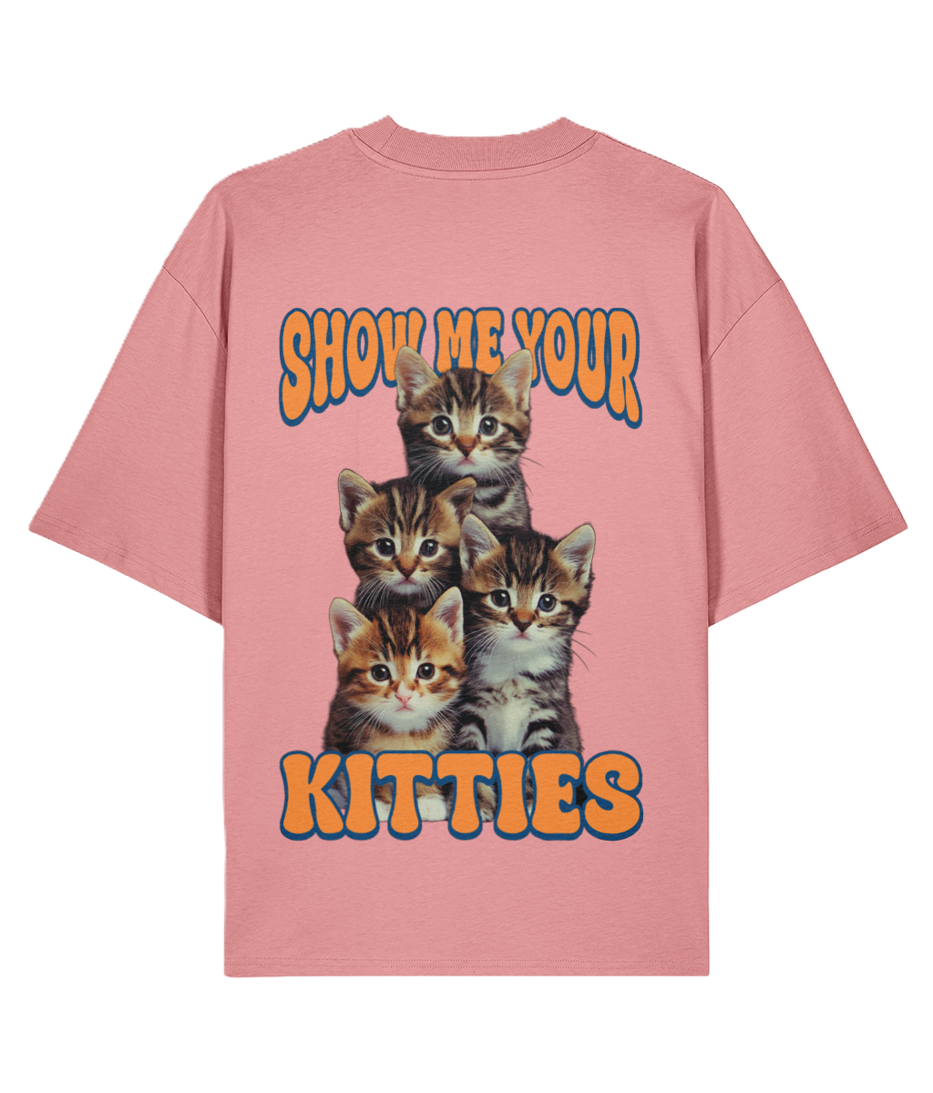 Pink t-shirt with kittens and "Show Me Your Kitties" Slogan