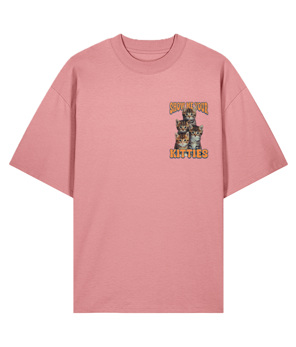 Pink t-shirt with a graphic of cats and text 'Show me your kitties' on a white background