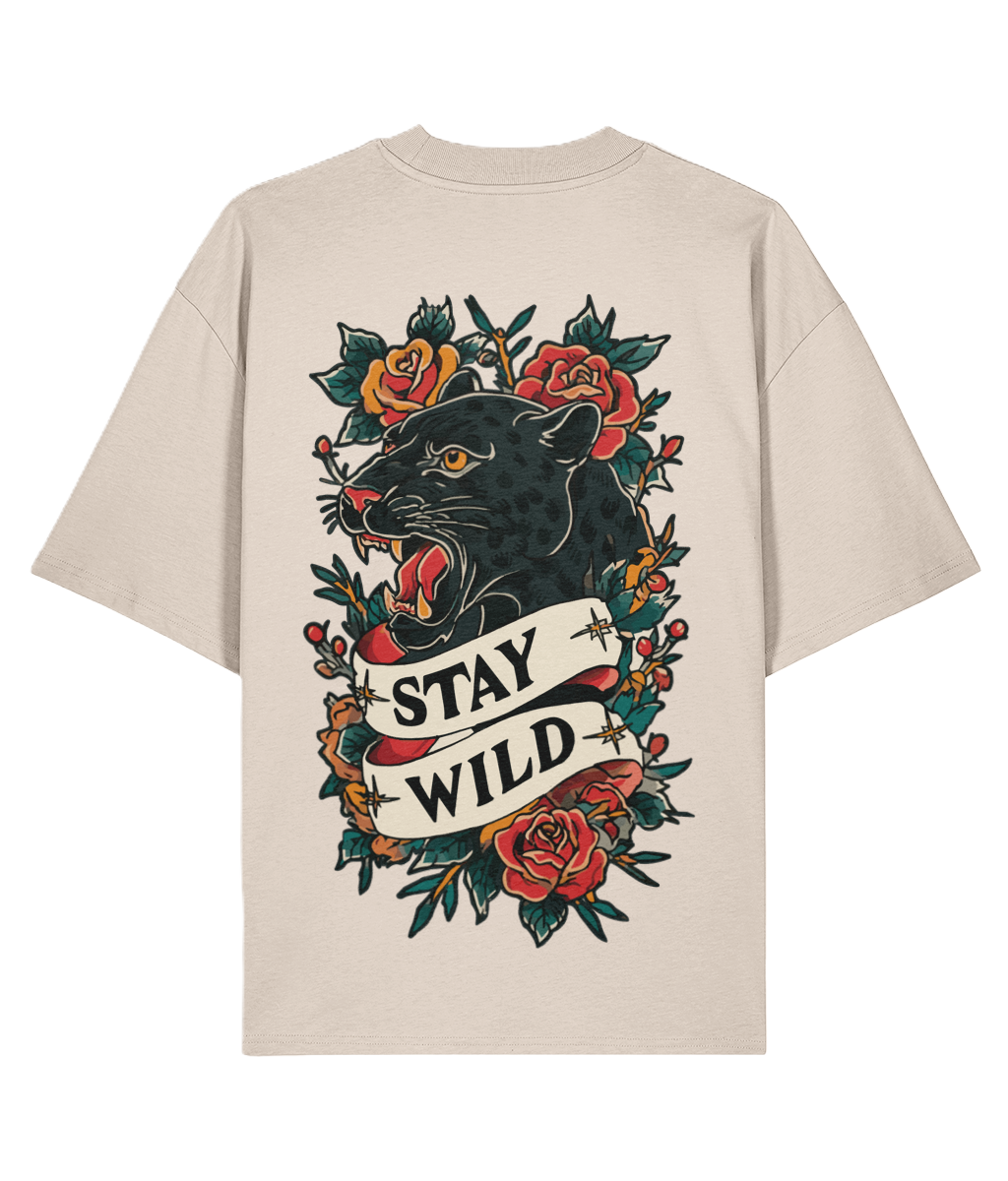 Cream graphic backprint t-shirt with a panther and rose tattoo design on the back, featuring the text 'Stay Wild'.