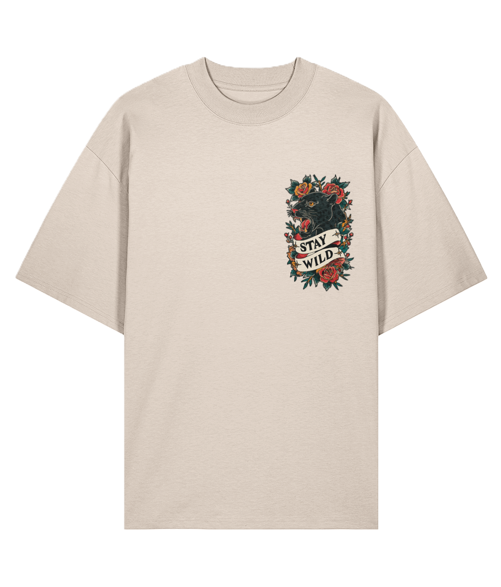 Cream oversized t-shirt with a tattoo graphic design featuring a black panther and text.