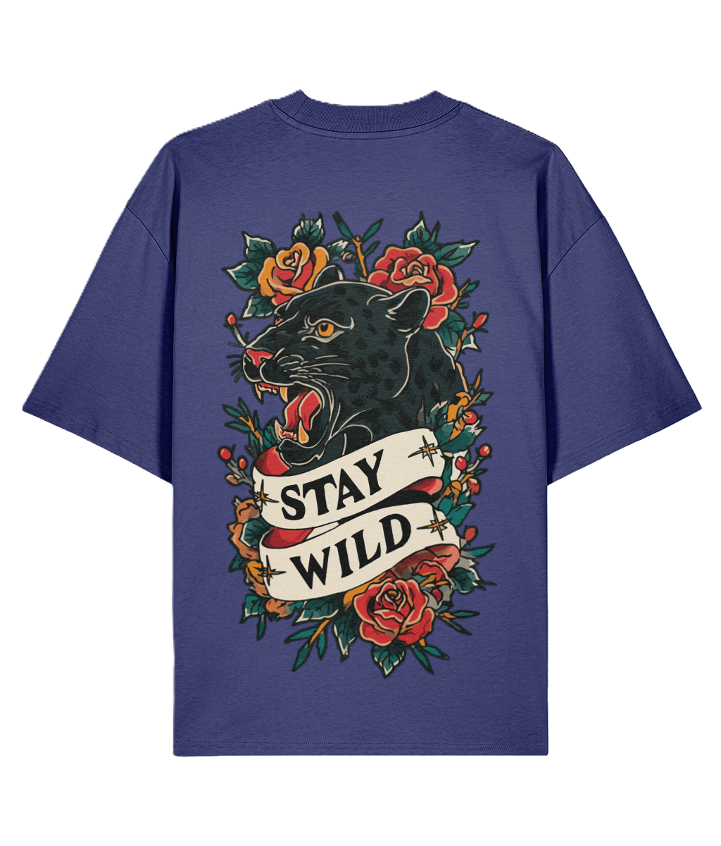 Blue over sized back print t-shirt with a panther graphic and 'Stay Wild' slogan