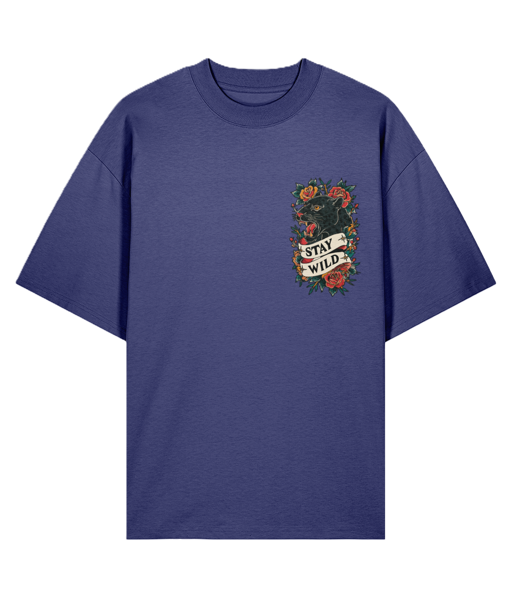 Blue graphic t-shirt with a panther design and slogan 'Stay Wild' 