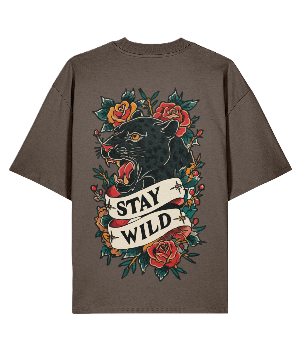 Brown back print  t-shirt with a panther tattoo graphic and 'Stay Wild' text.
