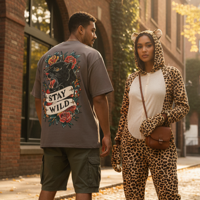 Man wearing an animal graphic t-shirt with a panther design and text, standing next to a woman in a leopard print hoodie and pants.