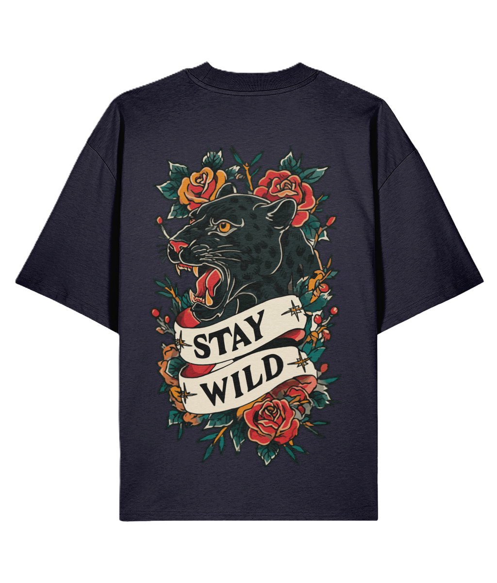 Navy backprint t-shirt with a panther tattoo graphic and 'Stay Wild' text.