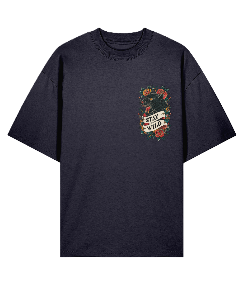 Navy graphic oversized t-shirt with a panther design, 'Stay Wild' slogan.