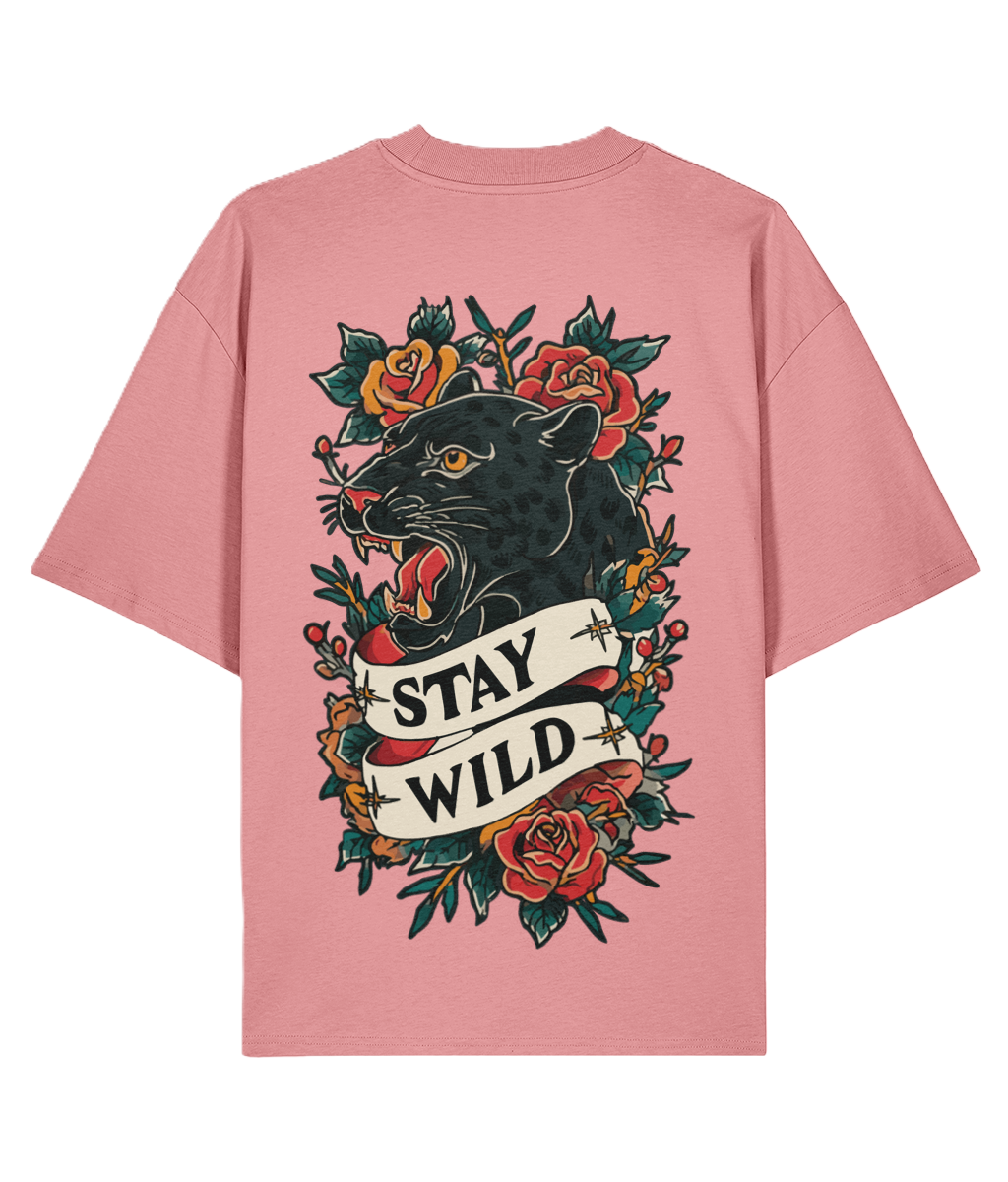 Pink back print t-shirt with a panther and rose tattoo design on the back, featuring the slogan 'Stay Wild'.