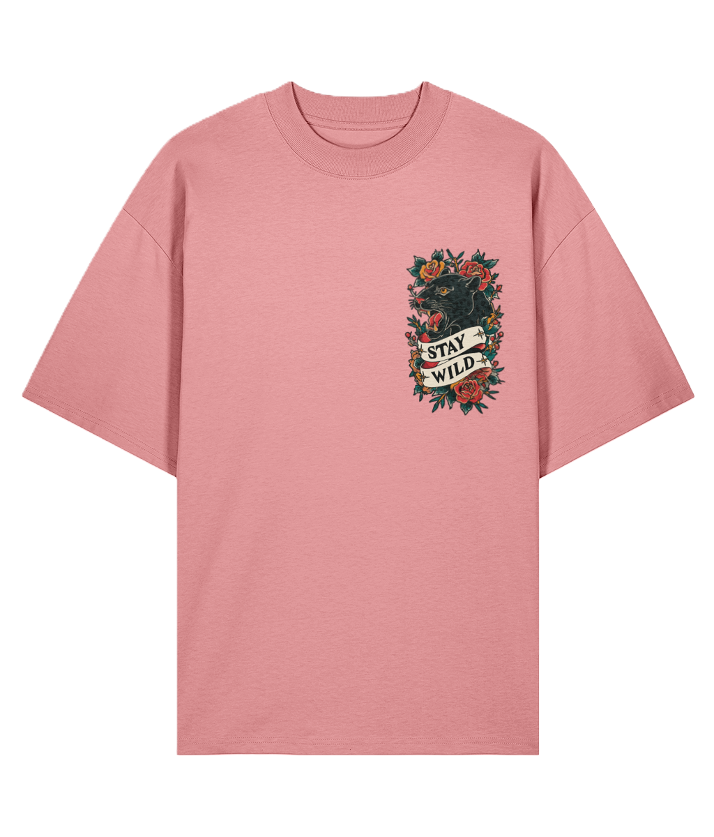 Pink oversized graphic t-shirt with 'Stay Wild' tattoo graphic.
