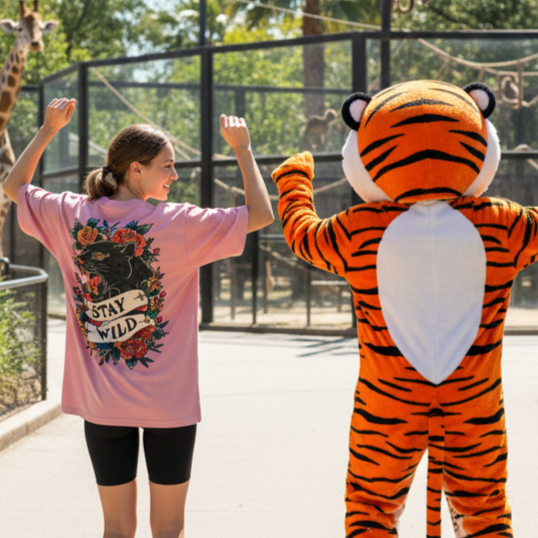 A woman wearing a pink animal graphic t-shirt with 'Stay Wild' text and graphics, standing next to a person in a tiger costume at a zoo.