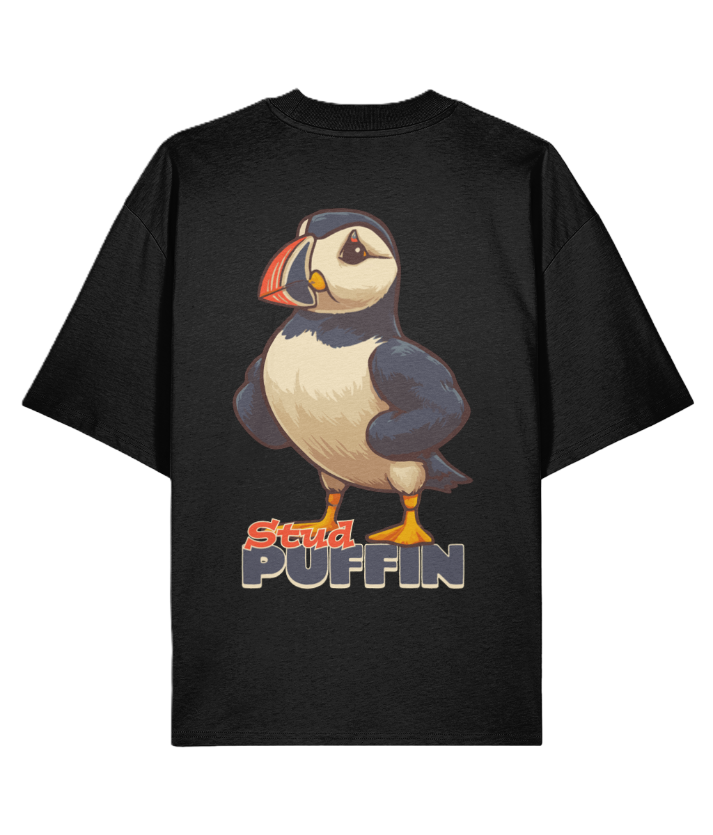 Black oversized backprint graphic t-shirt with a puffin graphic and 'Stud Puffin' text