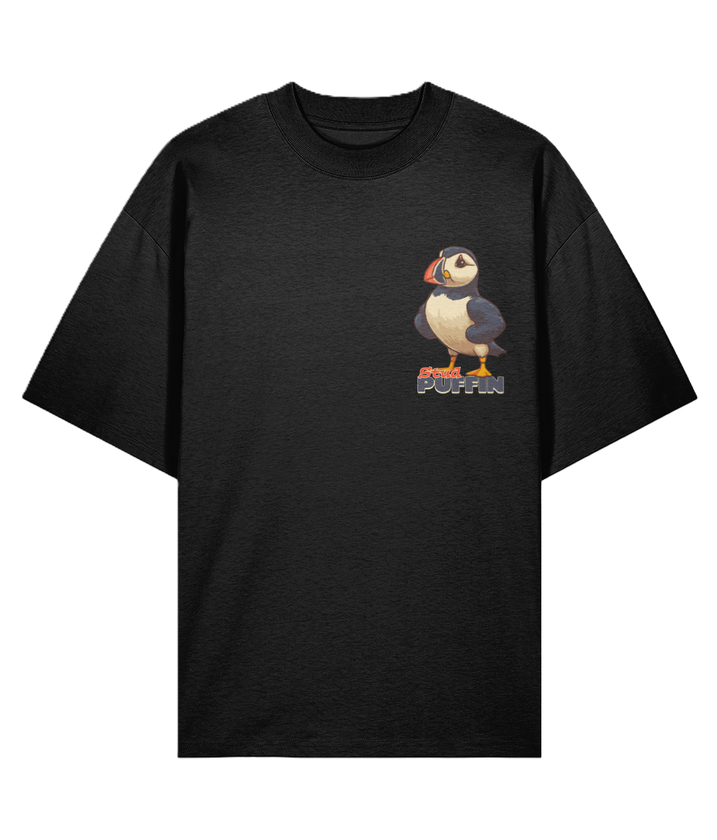 Black oversized graphic t-shirt with a puffin graphic and 'Stud Puffin' text