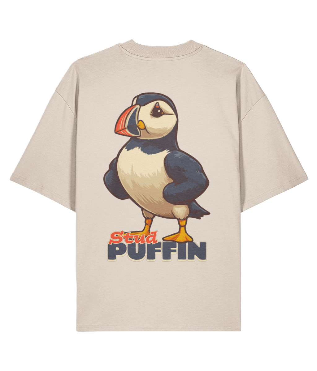 Cream oversized backprint graphic shirt with a buff puffin graphic and 'Stud Puffin' text