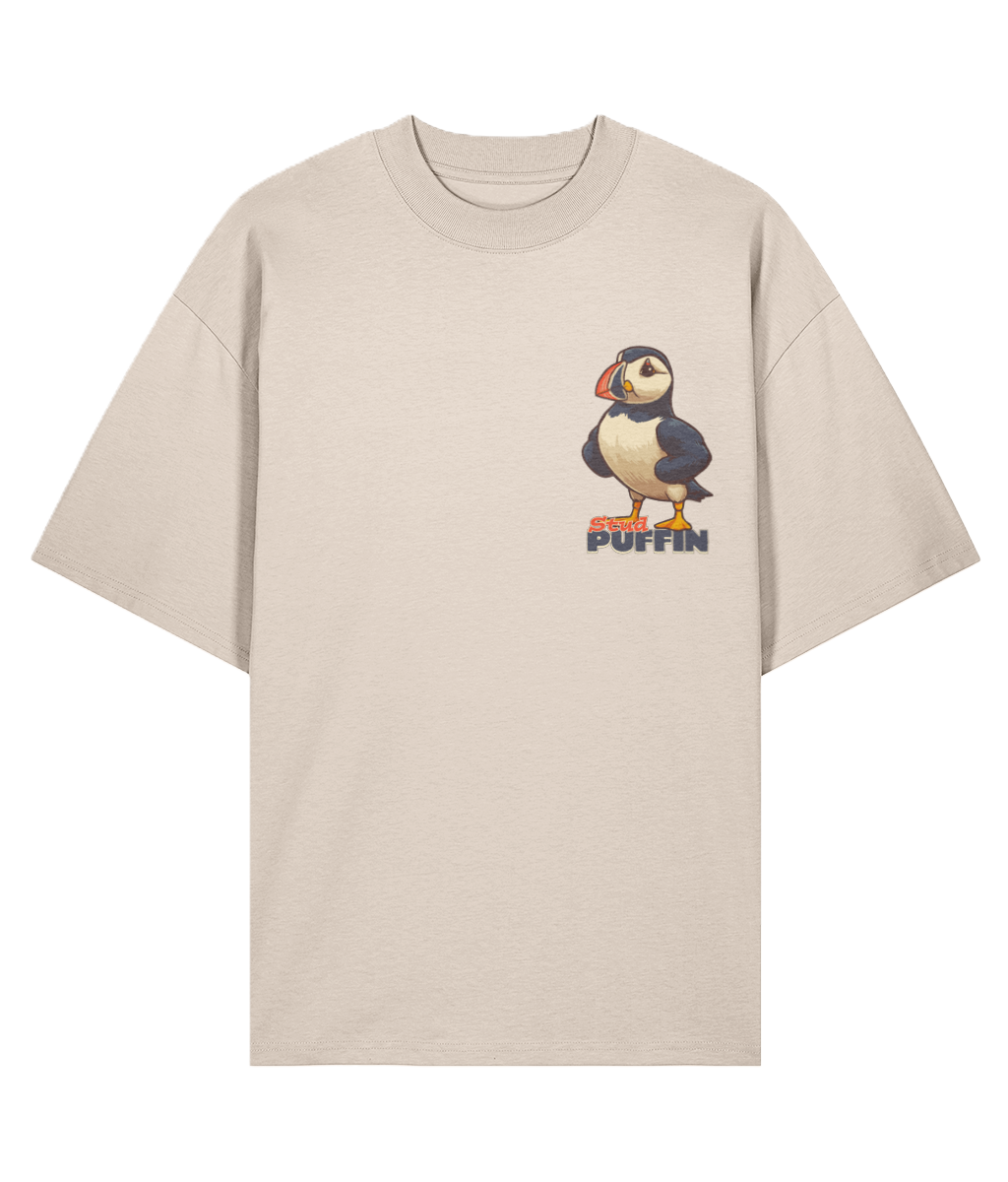Cream oversized graphic shirt with puffin graphic and 'Stud Puffin' slogan