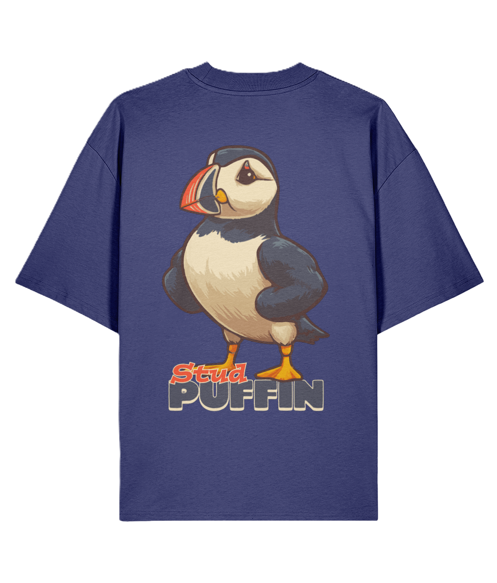 blue oversized backprint graphic t-shirt with a puffin graphic and 'Stud Puffin' funny slogan