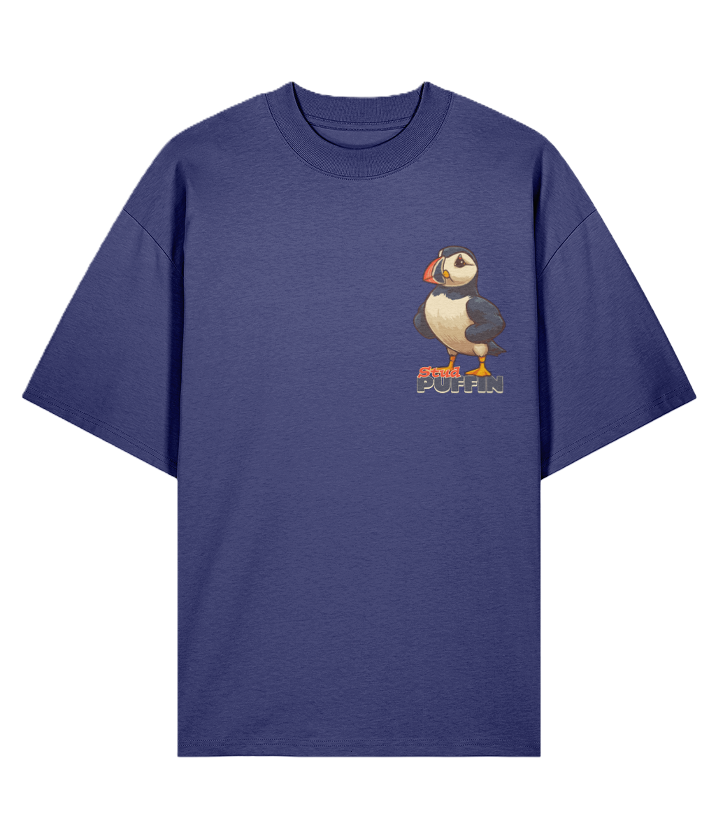 Blue oversized graphic t-shirt with a puffin graphic and 'Stud Puffin' Slogan