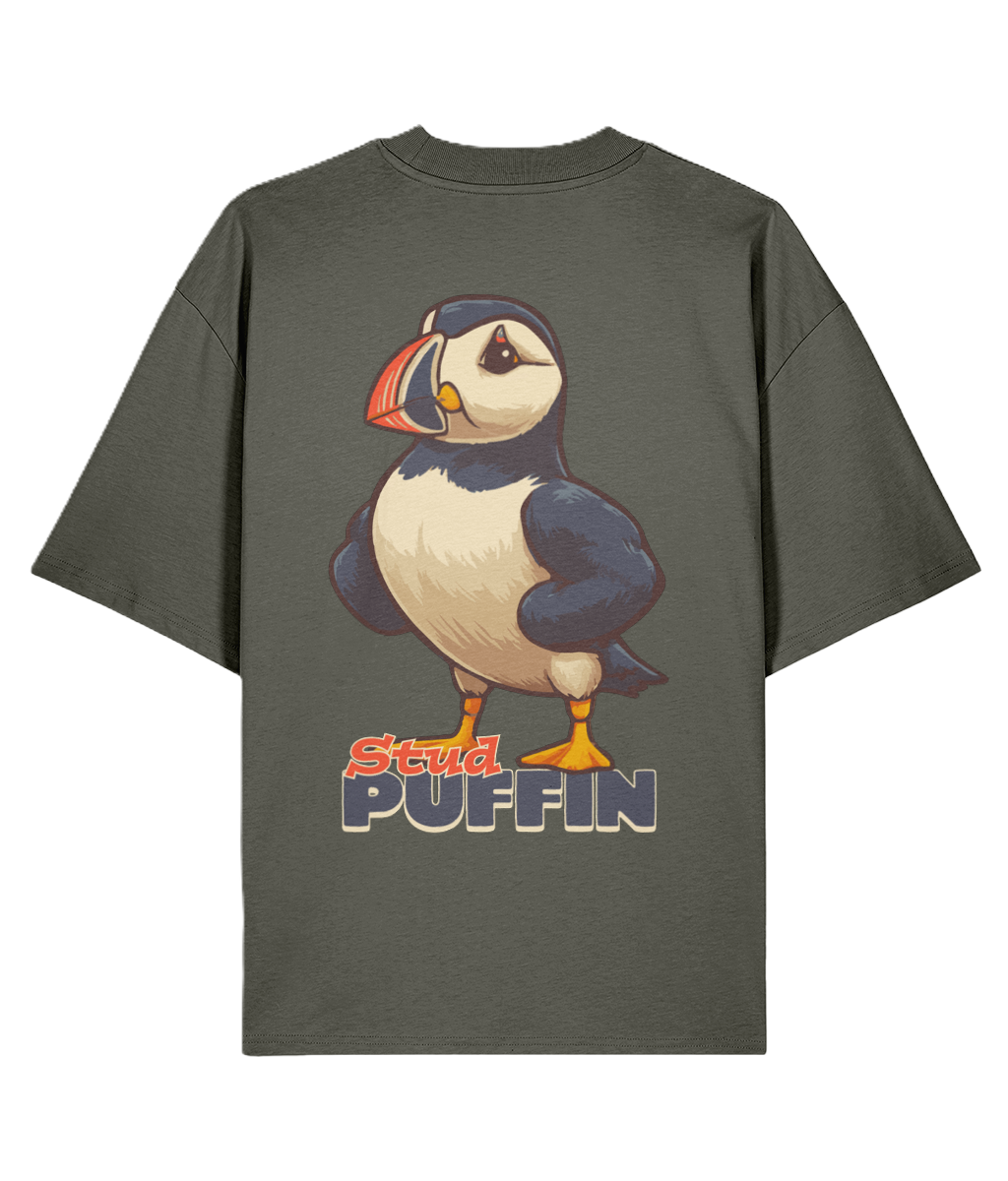 Khaki Oversized Back print graphic t-shirt with a ripped puffin graphic and 'Stud Puffin' slogan