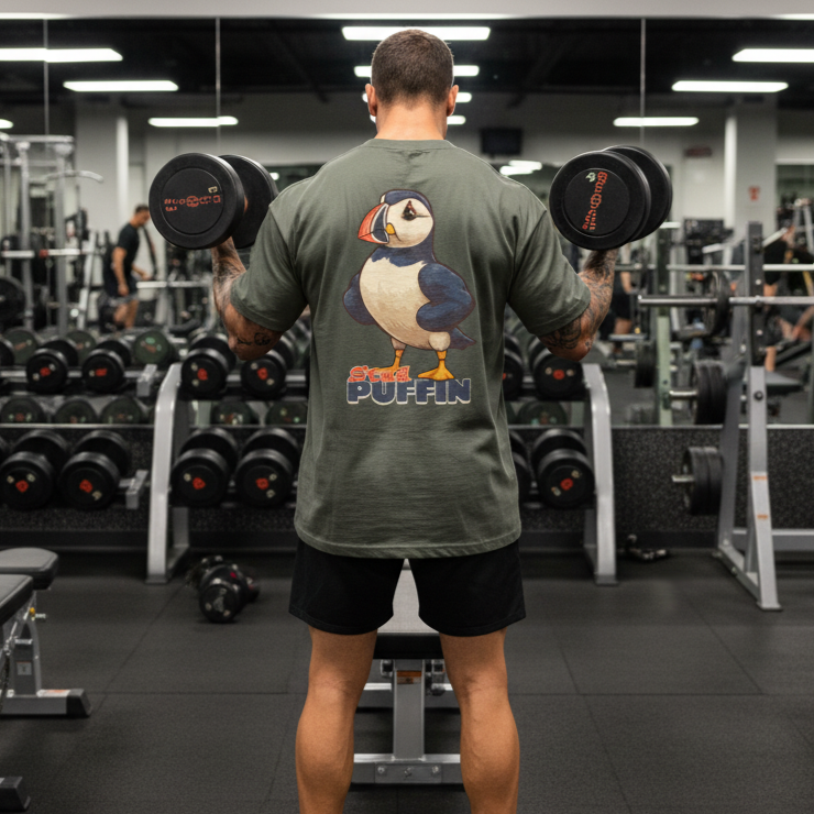 Man lifting dumbbells in a gym wearing an oversized backprint t-shirt with a puffin design.