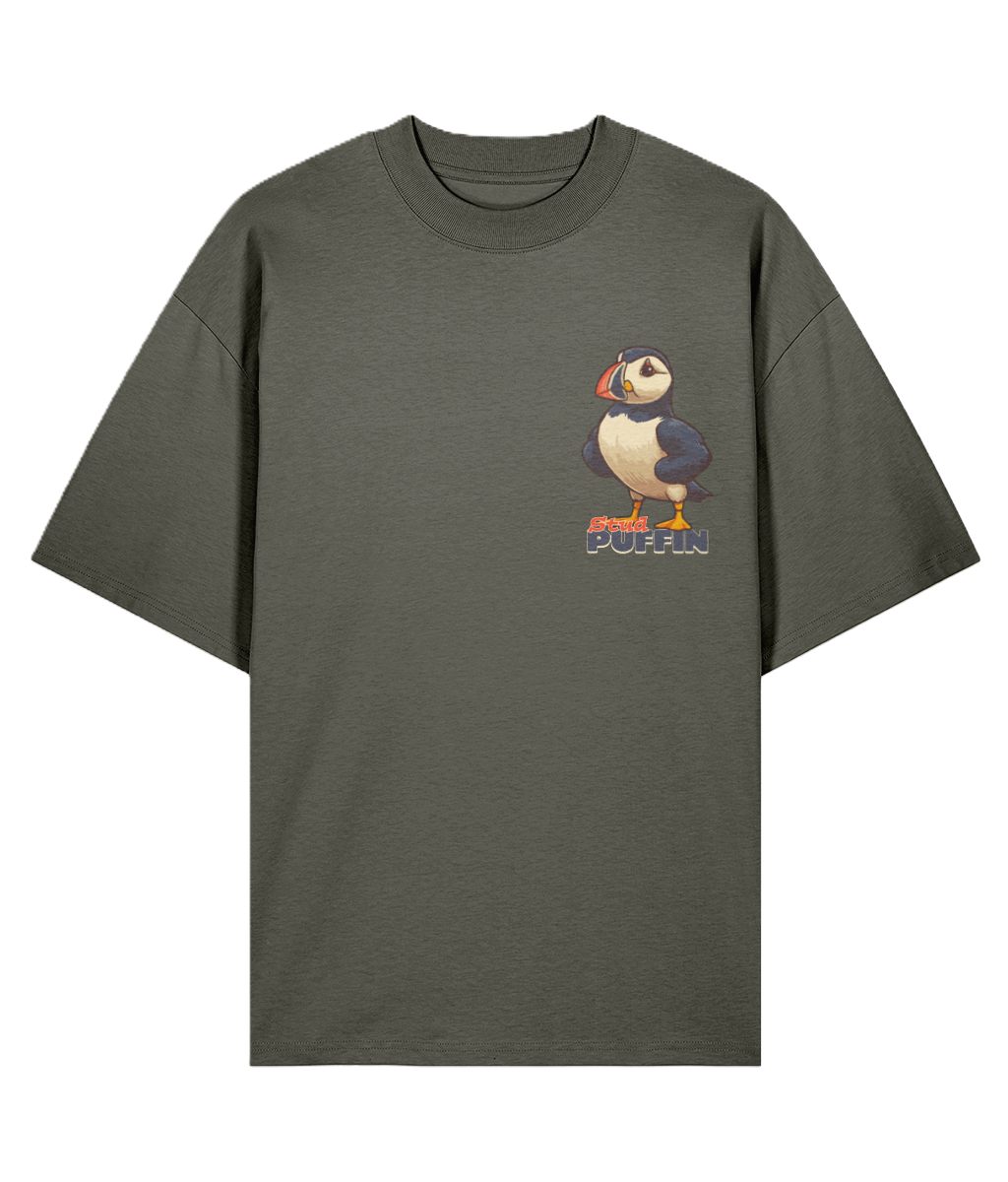 Khaki oversized graphic t-shirt with a buff puffin graphic and funny 'Stud Puffin' 