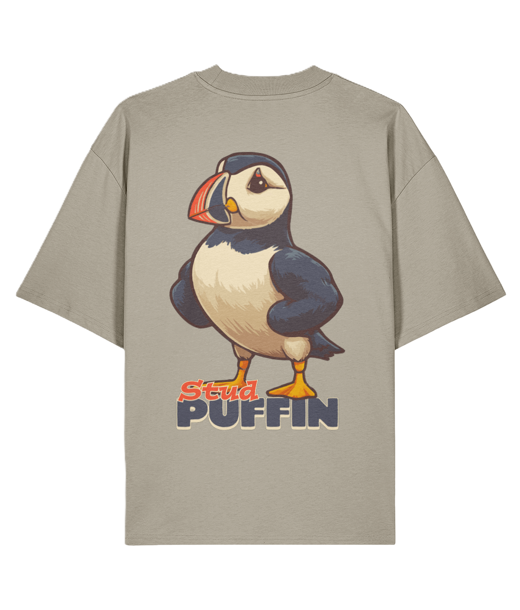 Stone coloured oversized backprint T-shirt with a cute puffin graphic and 'Stud Puffin' text