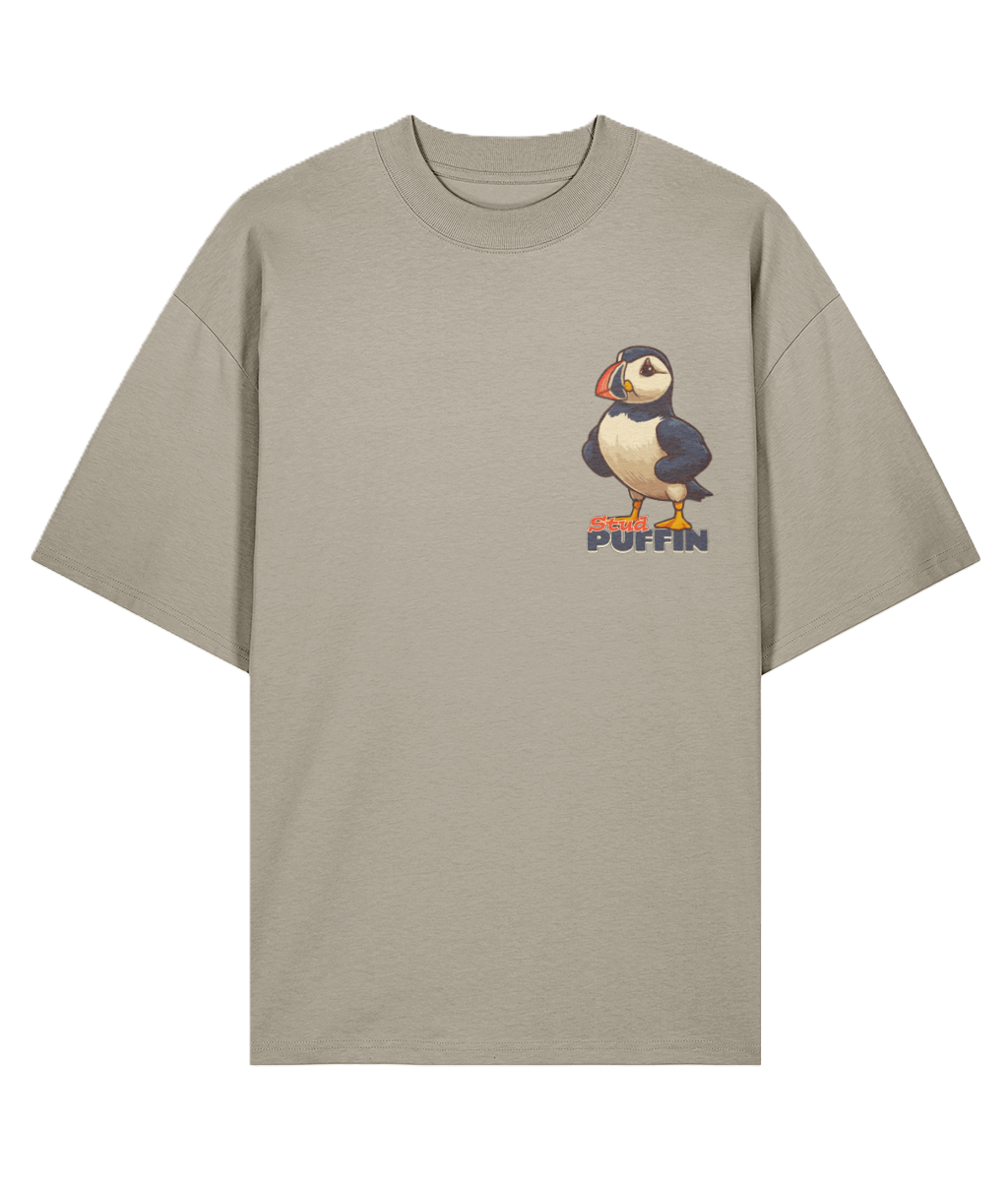 Beige oversized t-shirt with funny puffin design