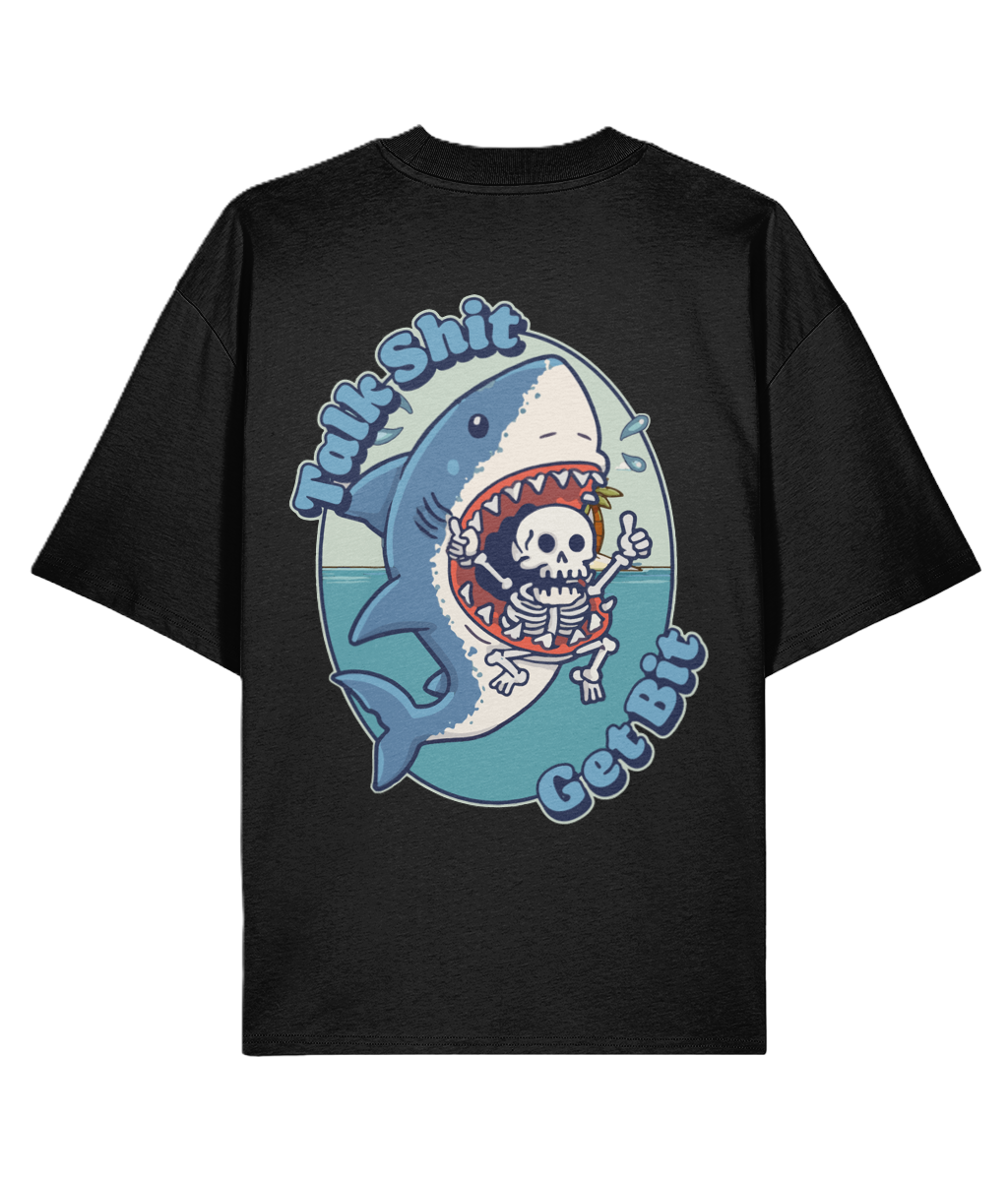 Black oversized graphic back print t-shirt with a cool graphic design of a shark and skeleton