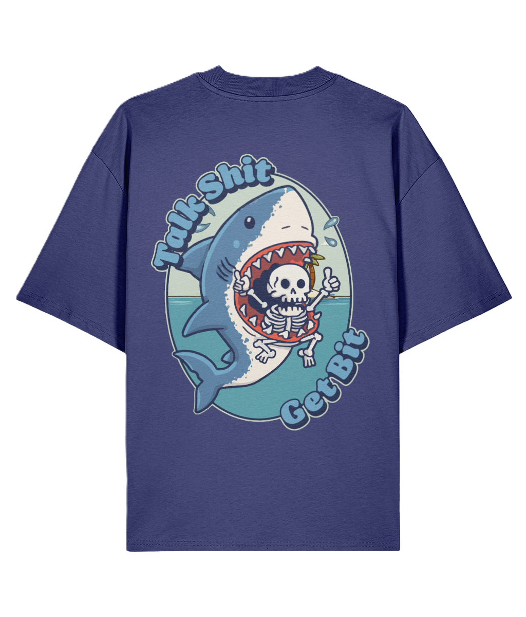 Blue oversized backprint t-shirt with a graphic of a shark and skeleton, text 'Talk Sh*t Get Bit'