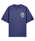 Blue oversized graphic t-shirt with a shark design and funny text