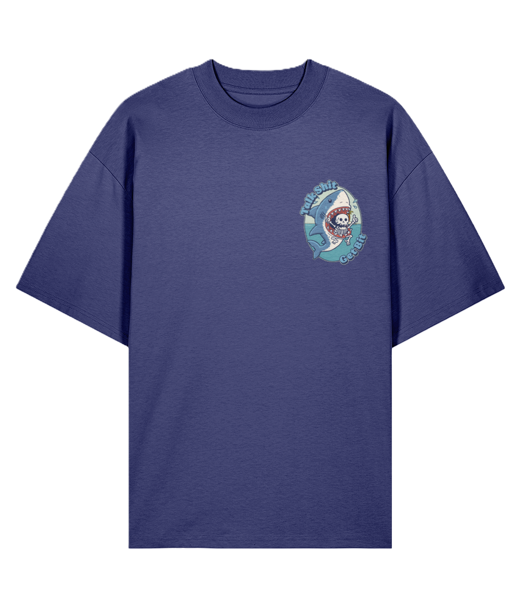Blue oversized graphic t-shirt with a shark design and funny text