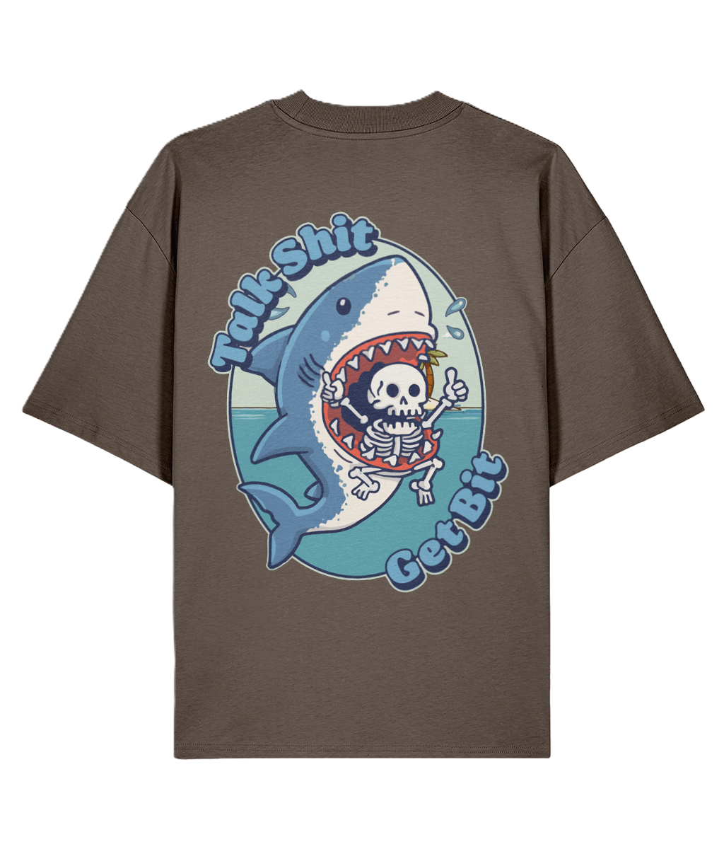 Mocha oversized graphic back print t-shirt with a graphic of a shark and skeleton and funny slogan
