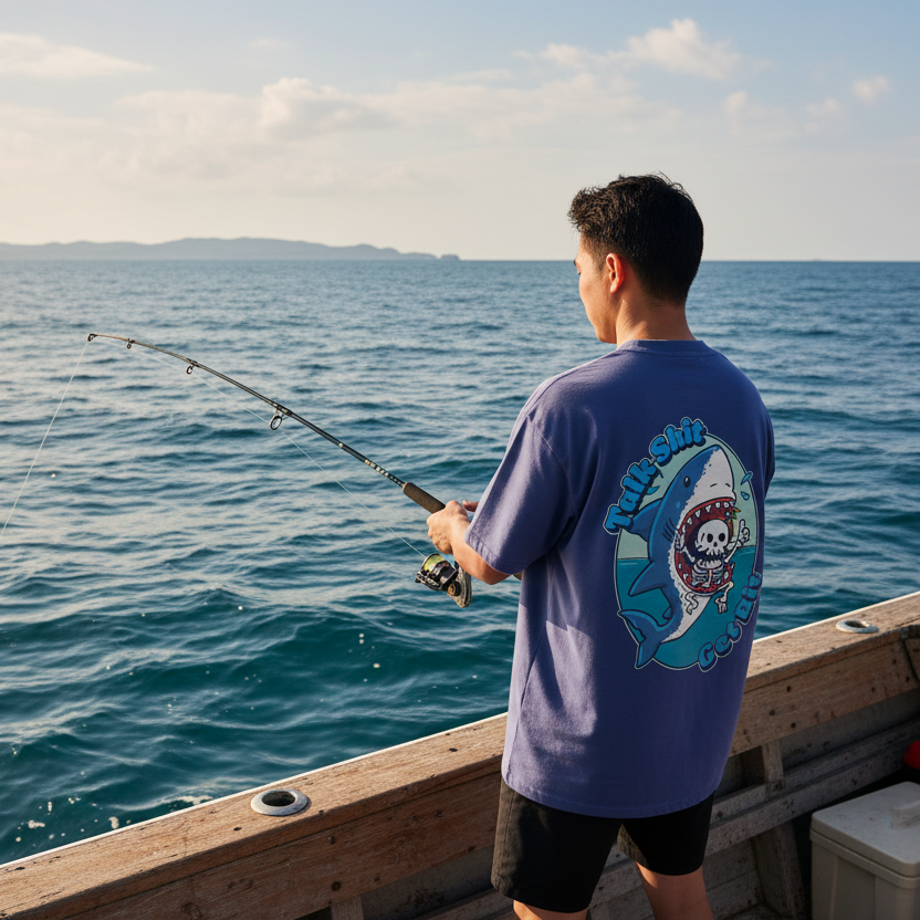 Man fishing on a boat with a shark-themed t-shirt, ocean and sky in the background