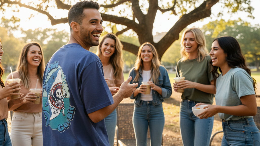A man wearing an oversized graphic tee and a group of friends enjoying drinks outdoors, smiling and laughing. Trees and sunlight create a warm, cheerful atmosphere. Casual attire and relaxed vibes.