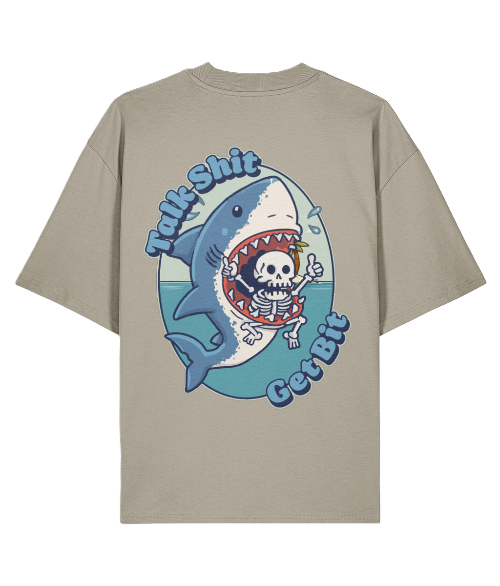 Beige oversized backprint graphic t-shirt with a cool graphic of a shark and funny slogan text