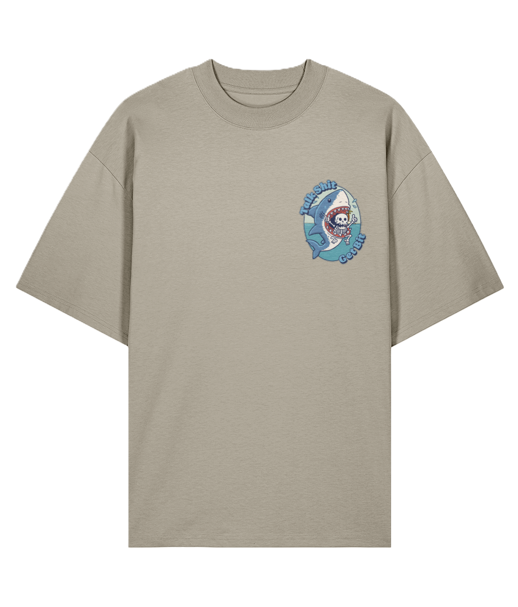 Beige oversized t-shirt with a colorful graphic on the chest