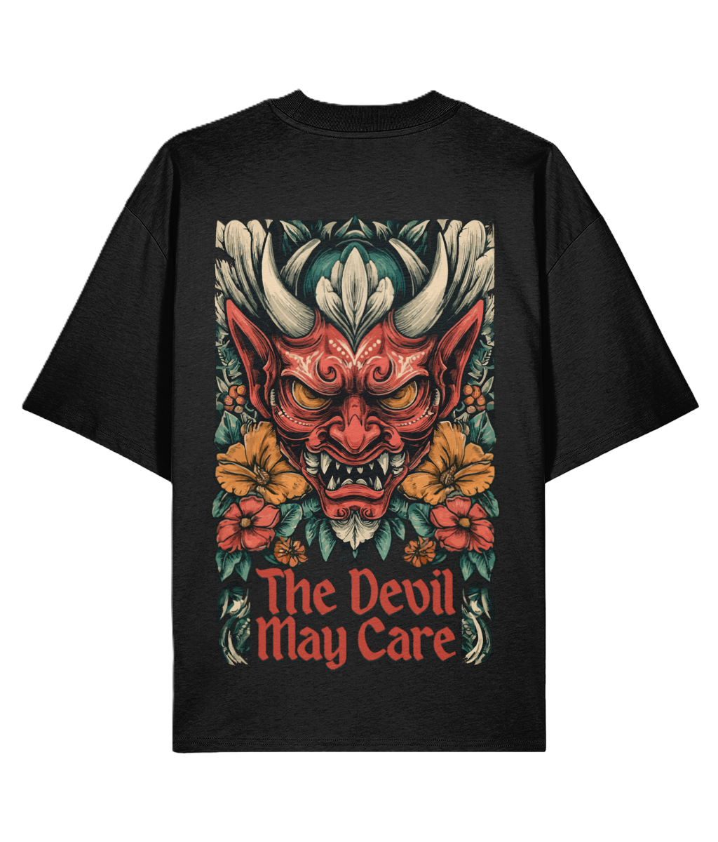 Black backprint oversized t-shirt with a colorful tattoo graphic of a Japanese Oni devil's head and flowers, featuring the text 'The Devil May Care'.