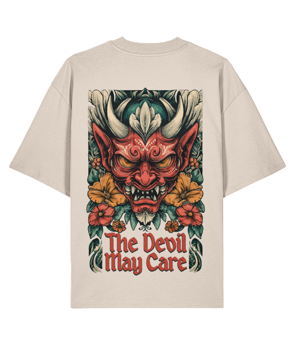 Cream back print t-shirt with a tattoo graphic of an Oni devil face and flowers and 'The Devil May Care' text on a white background