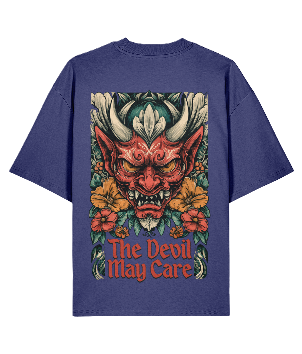 Blue oversized backprint t-shirt with a tattoo graphic design of a japanese devil face and flowers on the back, with 'The Devil May Care' text.