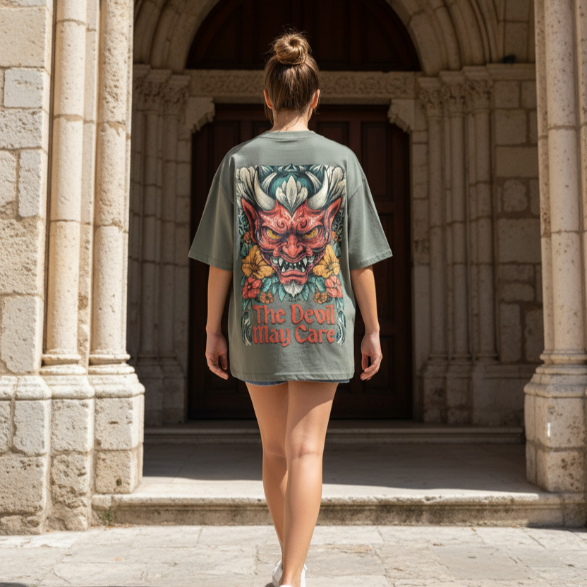 Woman wearing an oversized back print t-shirt with a demon tattoo graphic design and text in front of a church.