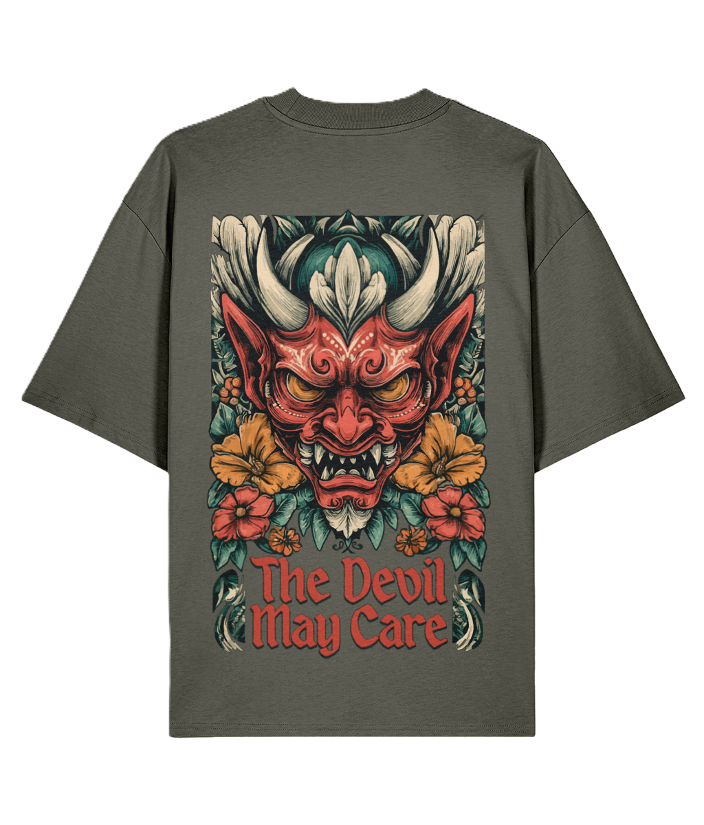 Khaki Oversized Back Print t-shirt with a tattoo graphic of an Oni devil face and flowers and 'The Devil May Care' text on a white background