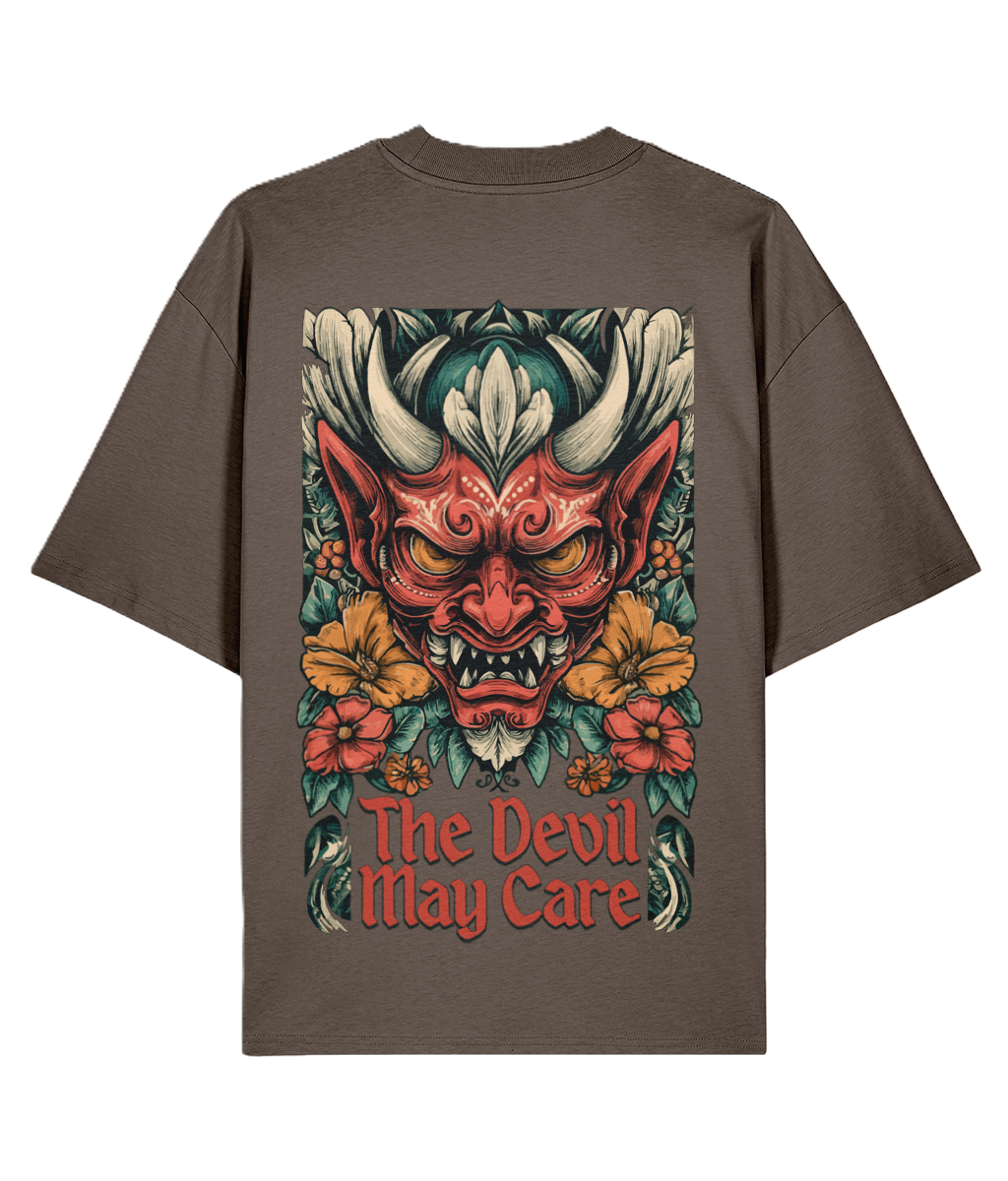 Mocha Brown Oversized BackPrint t-shirt with a Tattoo graphic of a Japanes devil face and flowers on the back, with 'The Devil May Care' text.