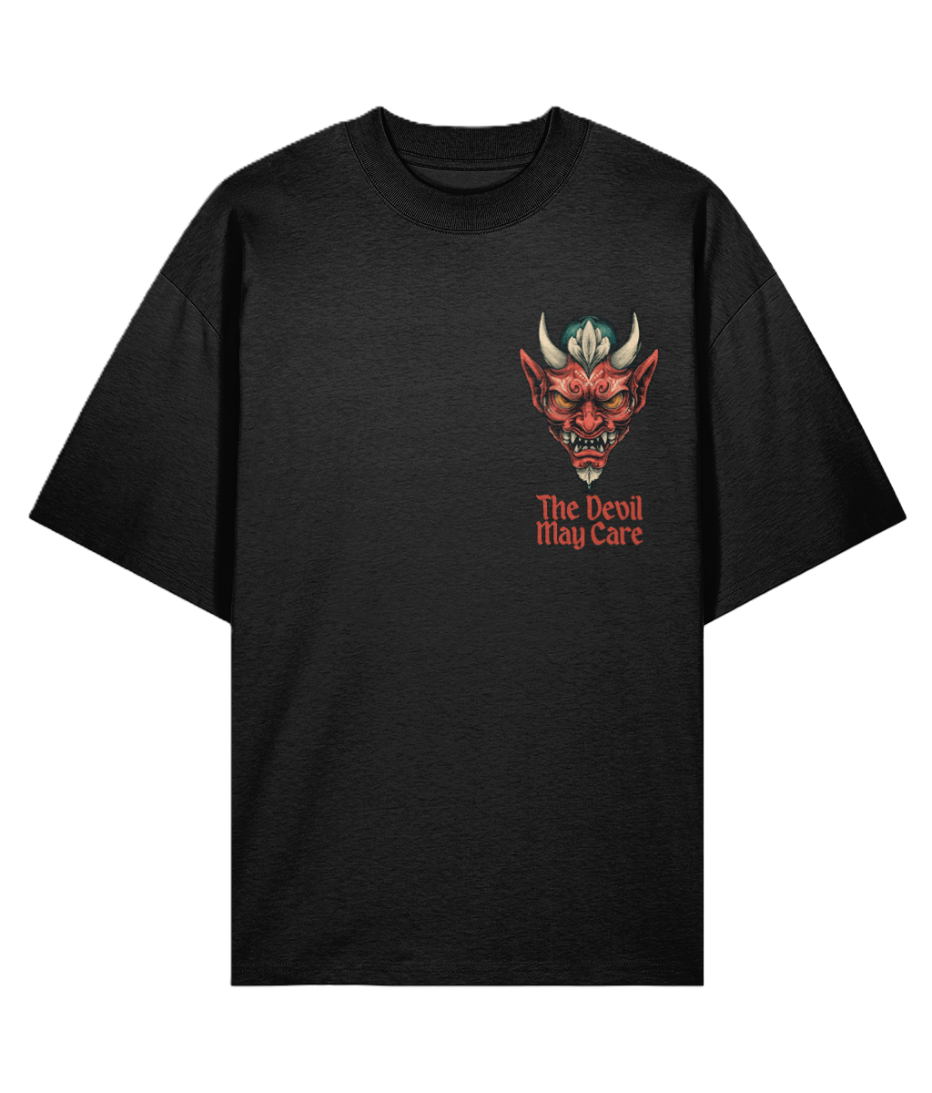 Black oversized t-shirt with a tattoo graphic of an Oni devil's head and 'The Devil May Care' text on a white background