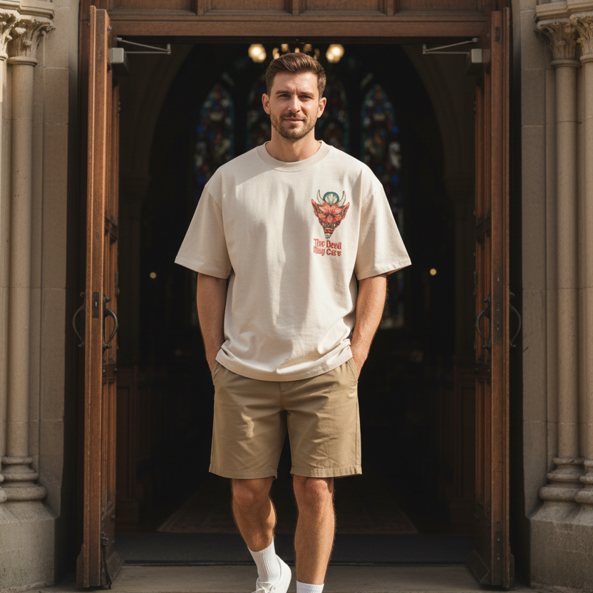Man wearing a cream oversized devil tattoo t-shirt and shorts standing in front of an open wooden door.