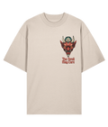 Cream Oversized t-shirt with a Tattoo graphic of a Japanese devil's head and 'The Devil May Care' text on a white background