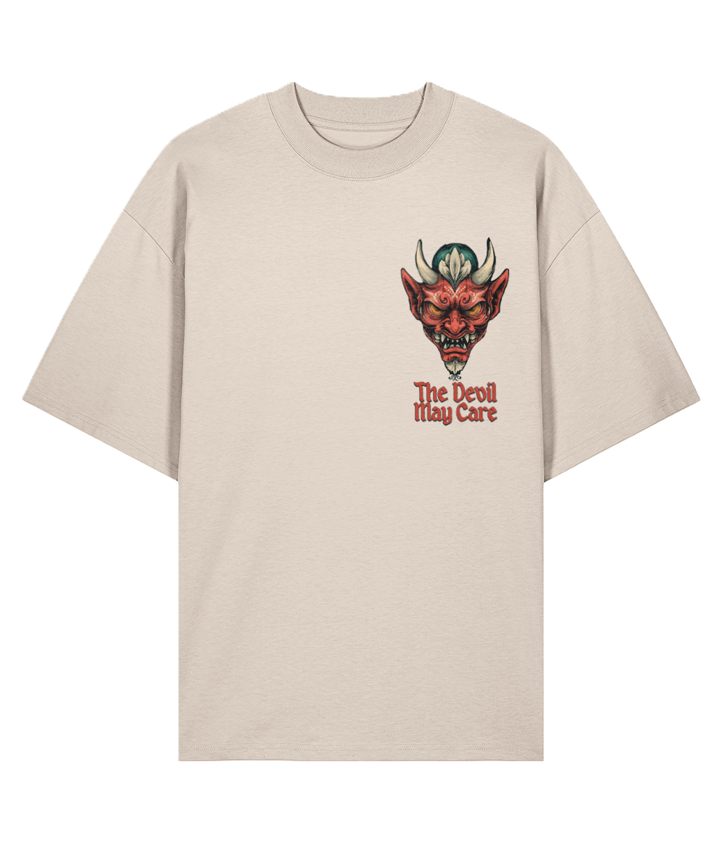 Cream Oversized t-shirt with a Tattoo graphic of a Japanese devil's head and 'The Devil May Care' text on a white background