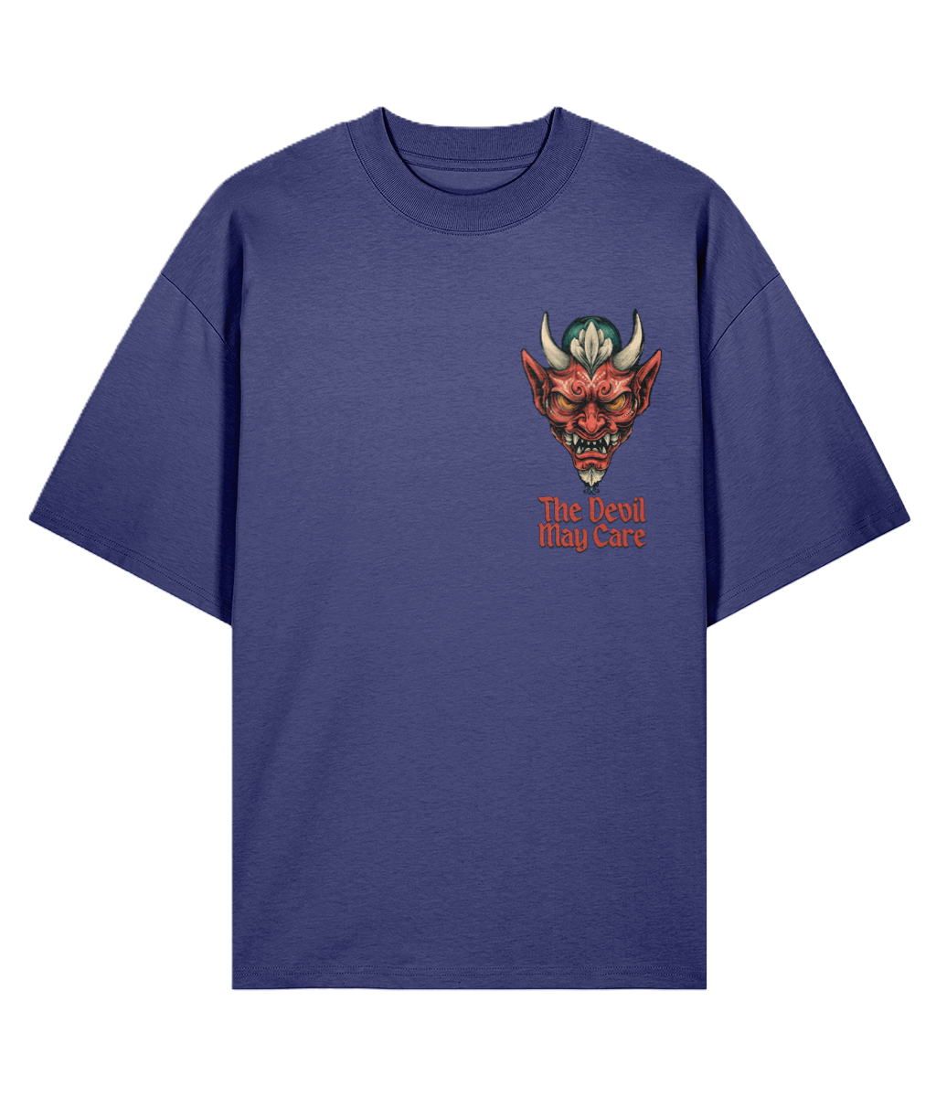 Blue oversized t-shirt with an oversized oni devil graphic and 'The Devil May Care' text on a white background