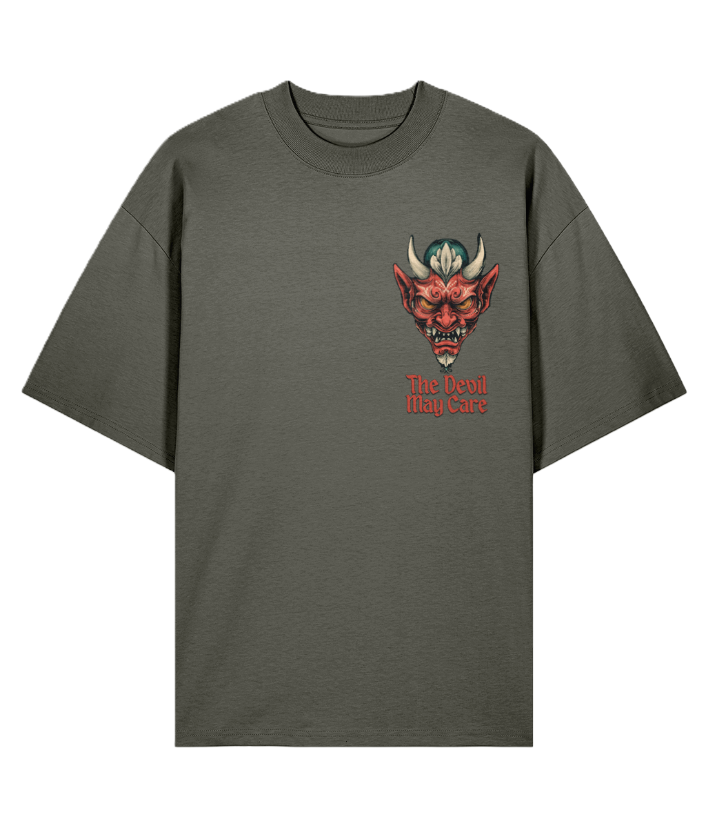 Khaki Oversized Backprint t-shirt with a tattoo graphic of a japanese devil's head and text on a white background