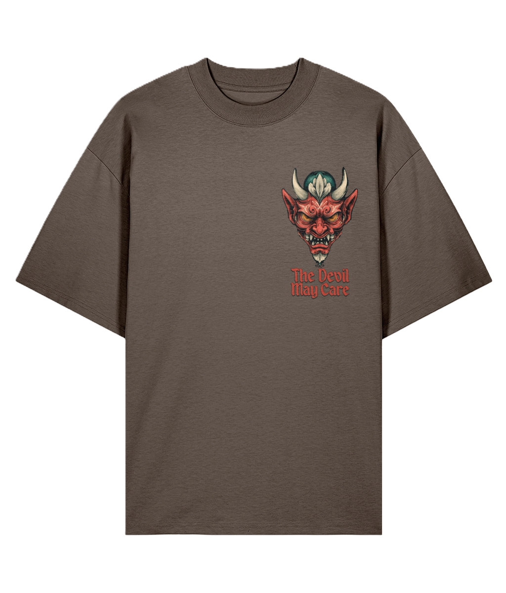 Mocha Brown Oversized Back Print t-shirt with a Tattoo graphic of an Oni devil's head and text on a white background